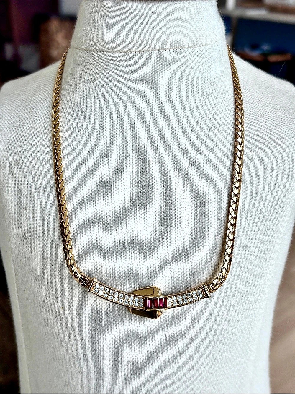 Vintage Christian Dior 14K Gold Plated Ruby & Crystal Buckle Collar Necklace